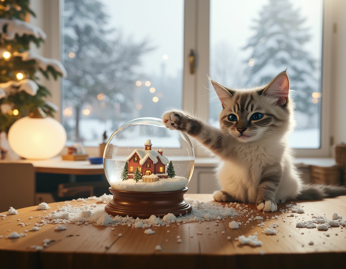Playful cat bats at a snow globe on a table, mesmerized by the swirling snowflakes inside. The globe features a miniature Christmas village, while a snowy landscape is visible through the window in the background, enhancing the festive atmosphere.